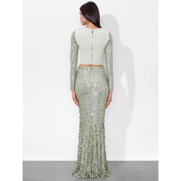 ALICE + OLIVIA Delaina Long Sleeve Sea Green Sequin Crop Top - Picture 7 of 14